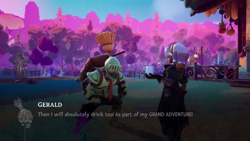 Wanderstop, Gerald (the knight) and Alta discussing a cup of tea and stories.